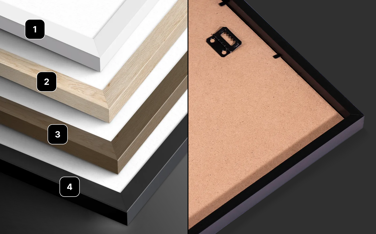 a collection of different colored picture frames, including white, light brown, dark brown, and black frames, arranged in a visually appealing manner.