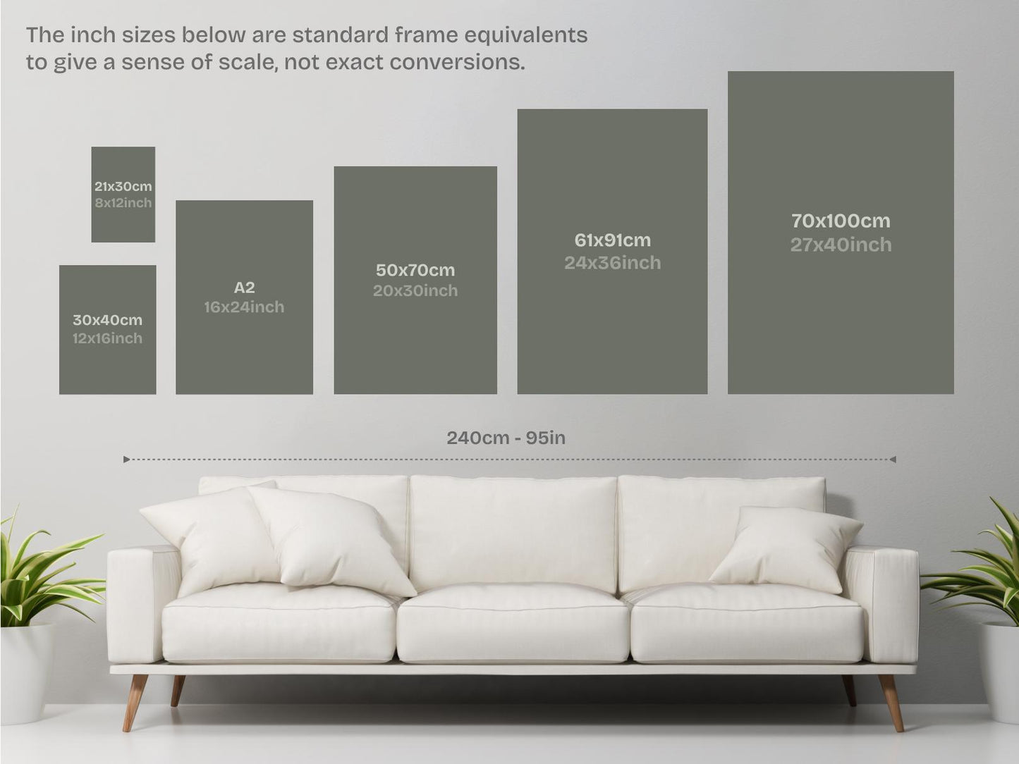 a series of framed artworks or photographs of varying sizes, arranged on a wall above a white couch. The sizes range from 21x30cm to 70x100cm, and the image is described as a collage of multiple images. The text indicates that the sizes are standard frame equivalent to give a sense of scale, not exact conversions.