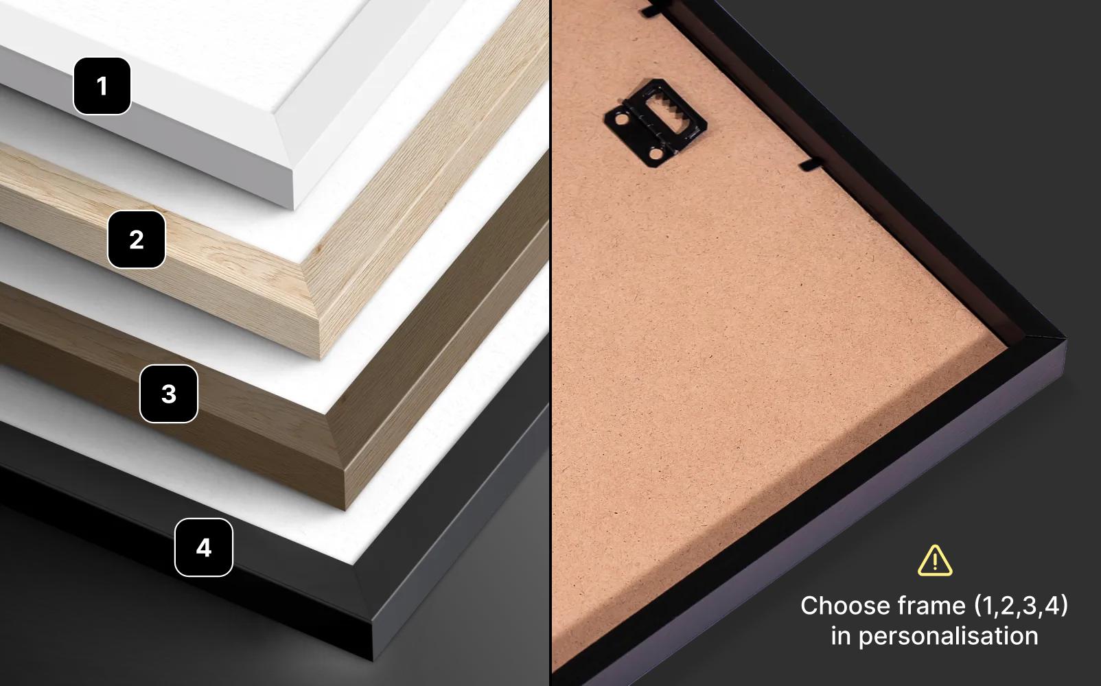 a selection of different frame options, with each frame having a unique color and design. The text indicates that the frame choice depends on personalisation, suggesting that the frame can be customized to suit individual preferences.