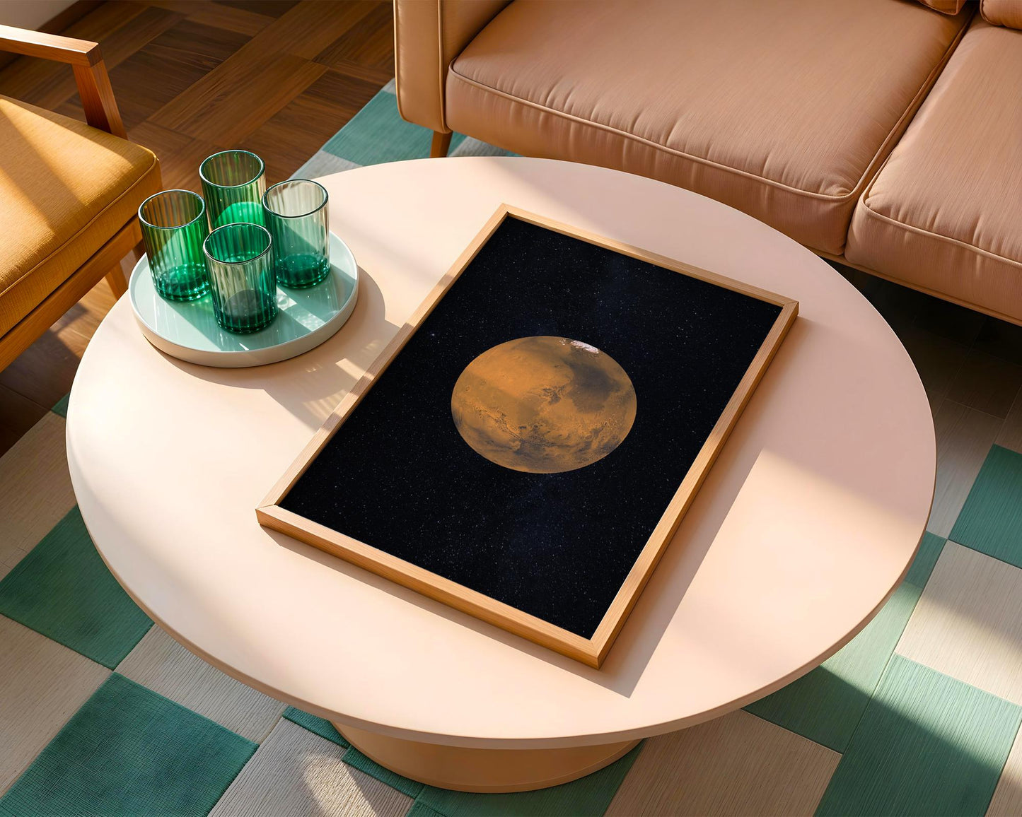 a round coffee table with a framed picture of a planet on it, placed on a wooden floor next to a couch.