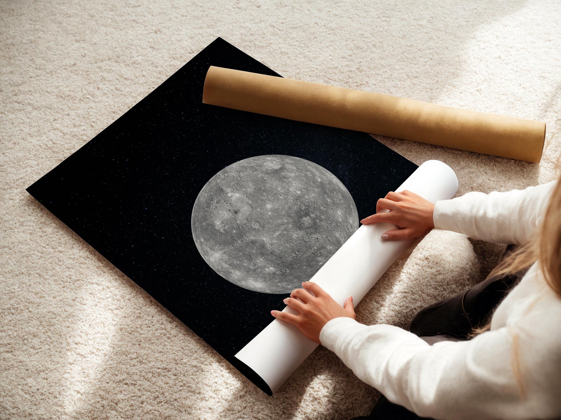 A person is holding a roll of paper and placing it on a black background with a large image of the moon on it.