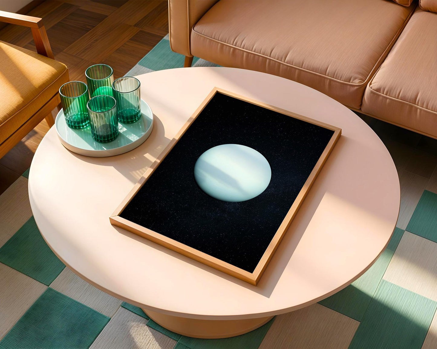 a round coffee table with a black frame, displaying a white circle on a black background. The table is surrounded by a beige sofa and a wooden chair, creating a cozy and inviting atmosphere.