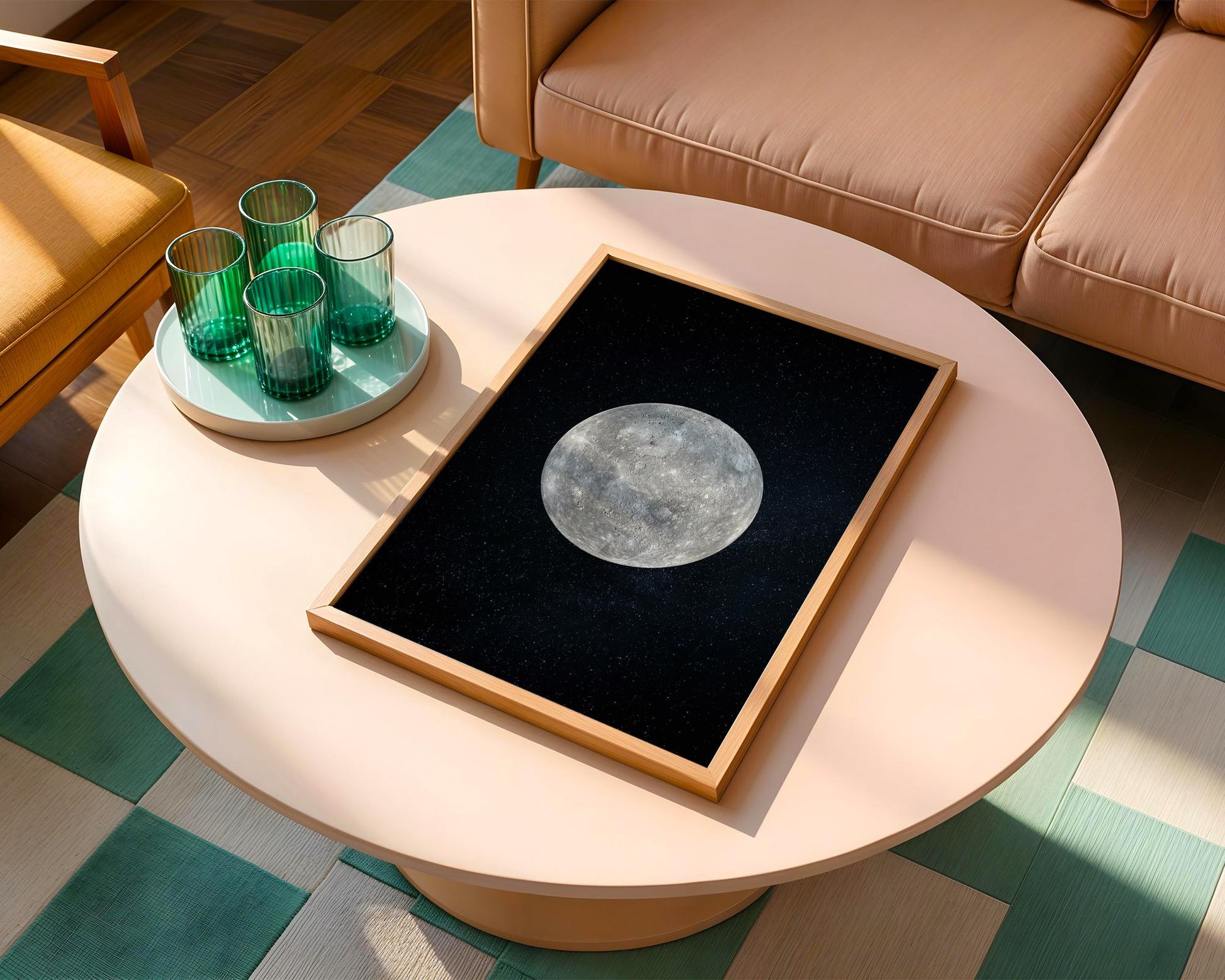 a round coffee table with a framed picture of the moon on it, placed on a wooden floor next to a couch.