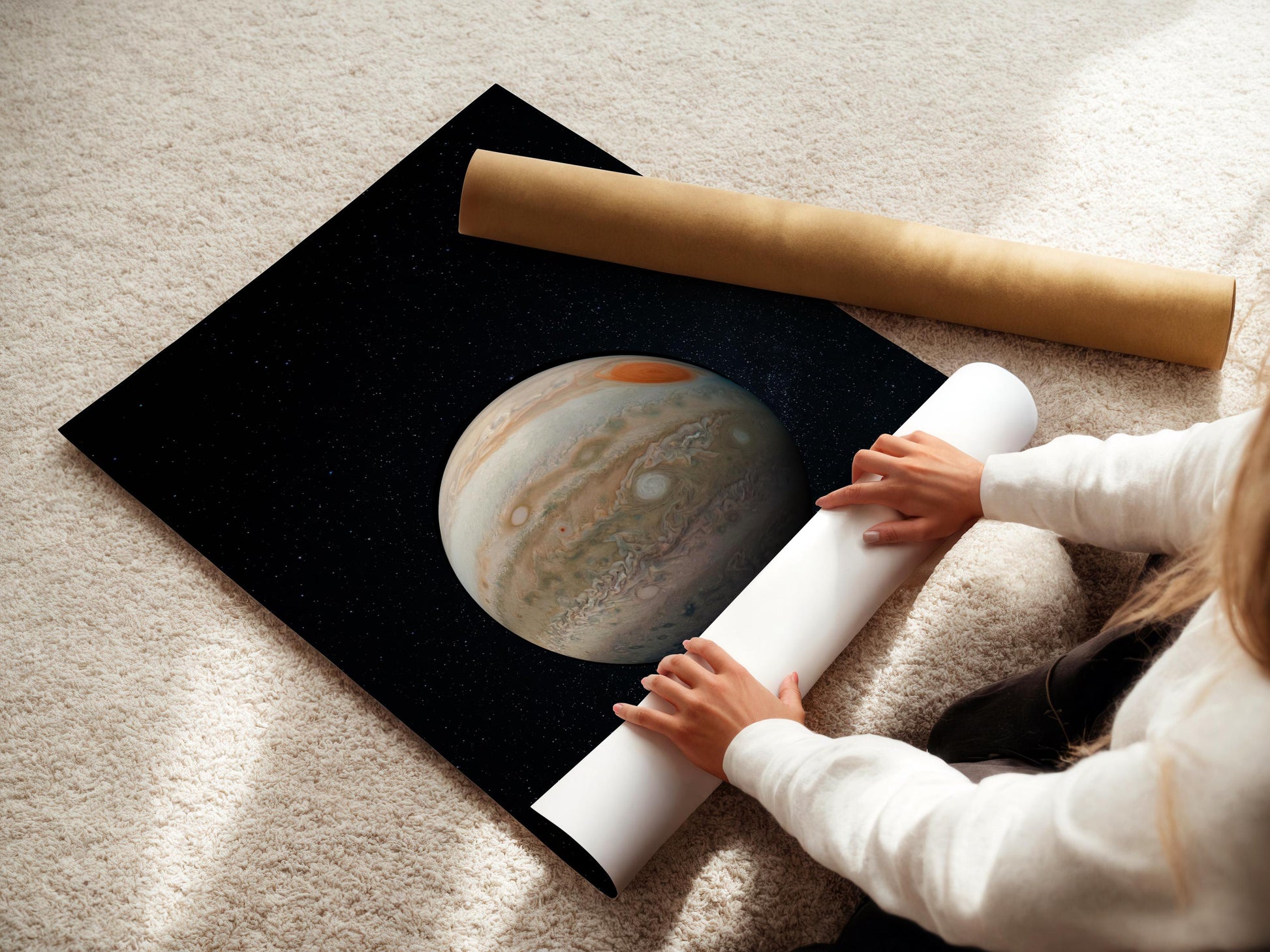 A person is placing a roll of paper under a poster depicting the planet Jupiter.