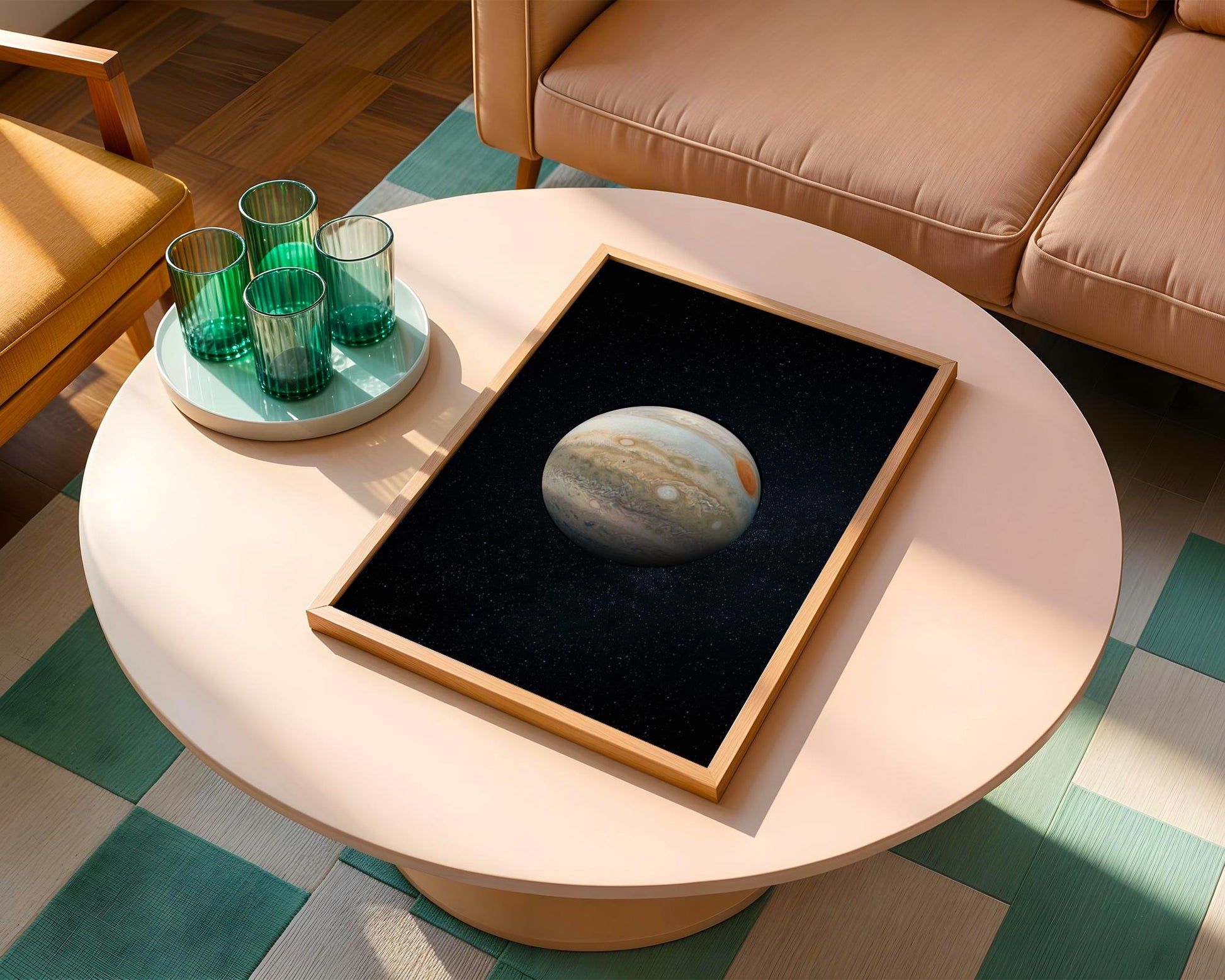 a round coffee table with a framed picture of a planet displayed on it. The table is set on a checkered floor, and there are four green glasses arranged on a tray next to the picture.