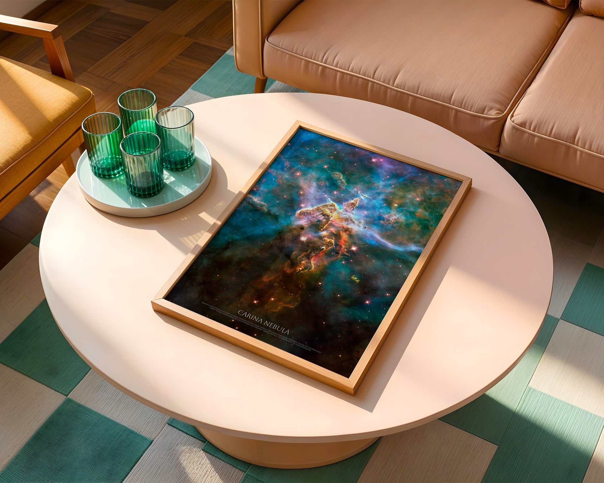 a framed cosmic artwork depicting a vibrant nebula, placed on a white coffee table in a living room setting.