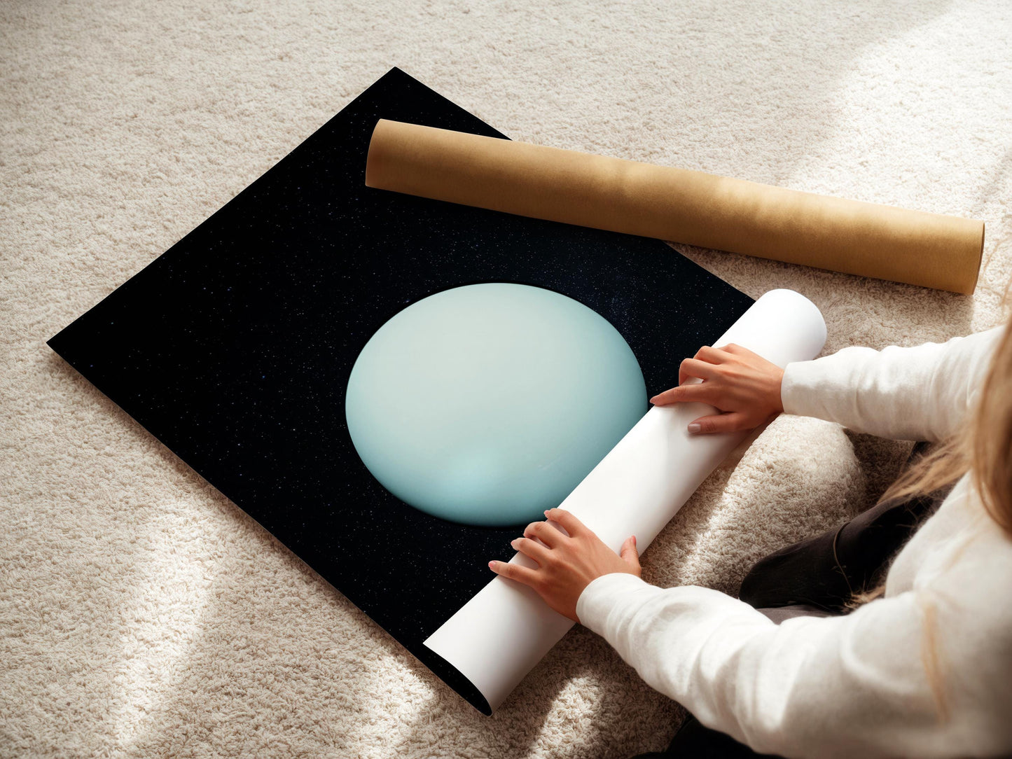 A person is placing a roll of paper under a large blue planet on a black background.