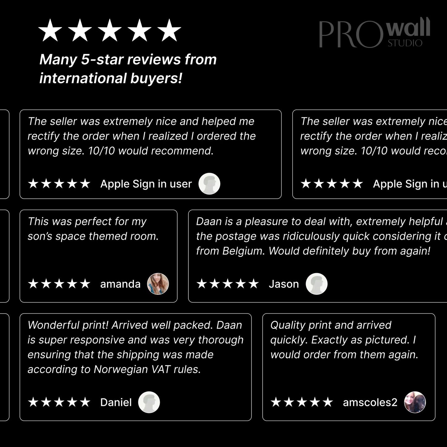 a collection of positive reviews from international buyers, highlighting the seller's helpfulness and responsiveness. The reviews praise the seller for rectifying an incorrect order, the seller's responsiveness, and the quality of the print. The reviews also mention the seller's willingness to order from them again, as well as the seller's compliance with Norwegian VAT rules.