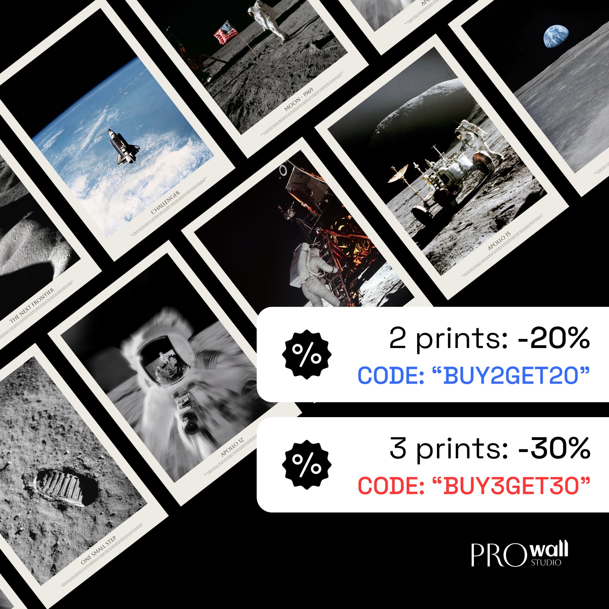 The image is a collage of various space-related images, including photographs of the moon, the Apollo 11 moon landing, and images of the International Space Station. The collage is organized into two sections, with the top section containing two photographs and the bottom section containing three photographs. The image is described with two codes: "BUY2GET20" and "BUY3GET30".