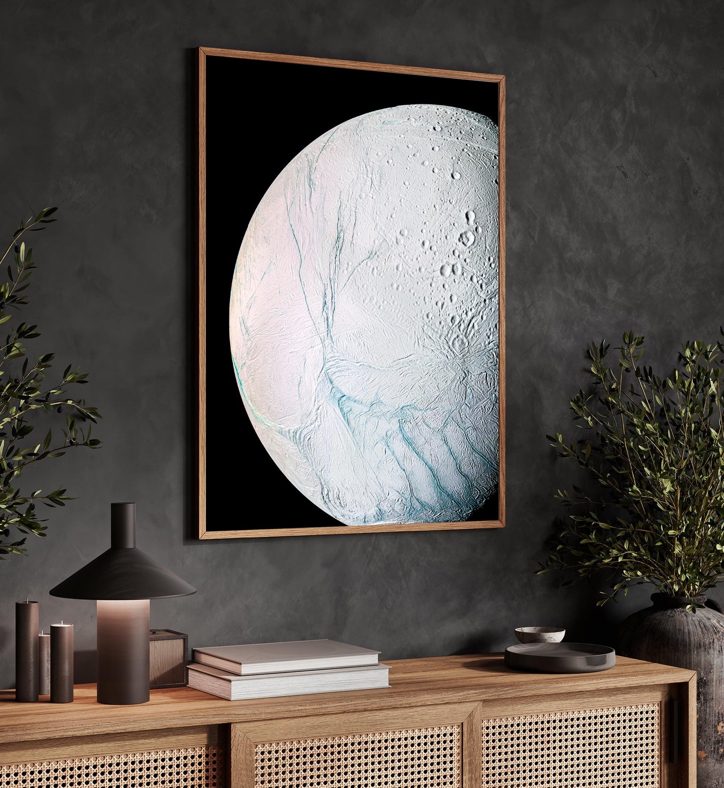 Enceladus Moon Print – Saturn Wall Art | Cassini Mission Space Poster
