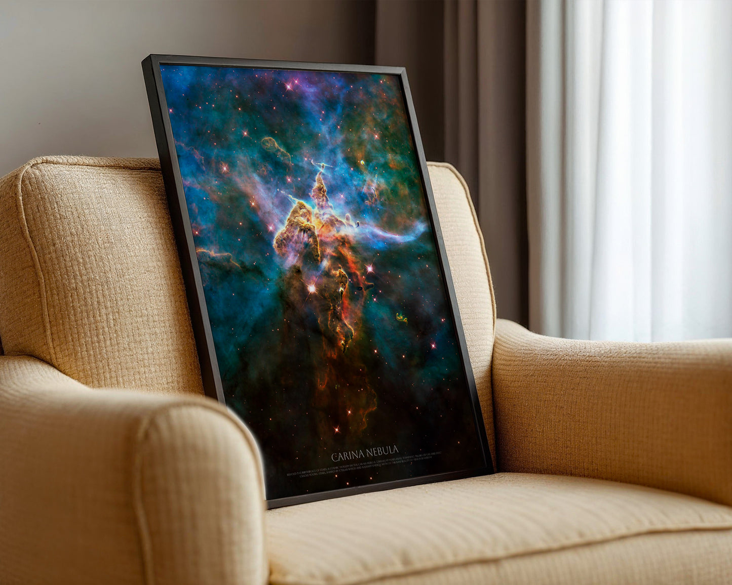 a framed poster of the Carina Nebula, a stunning celestial object in the Large Magellanic Cloud, which is a collection of galaxies located in the Southern Hemisphere.
