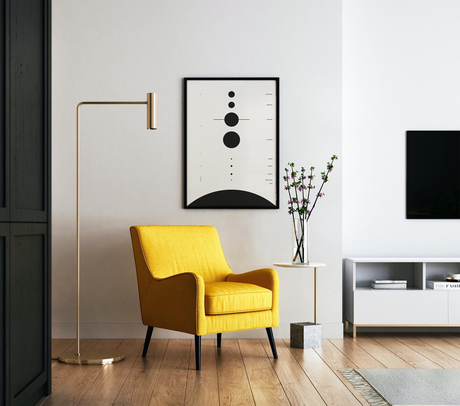 Minimalist Solar System Art Print: Modern Black & White Space Poster