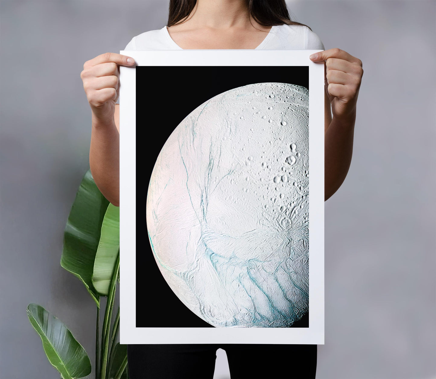 Enceladus Moon Print – Saturn Wall Art | Cassini Mission Space Poster